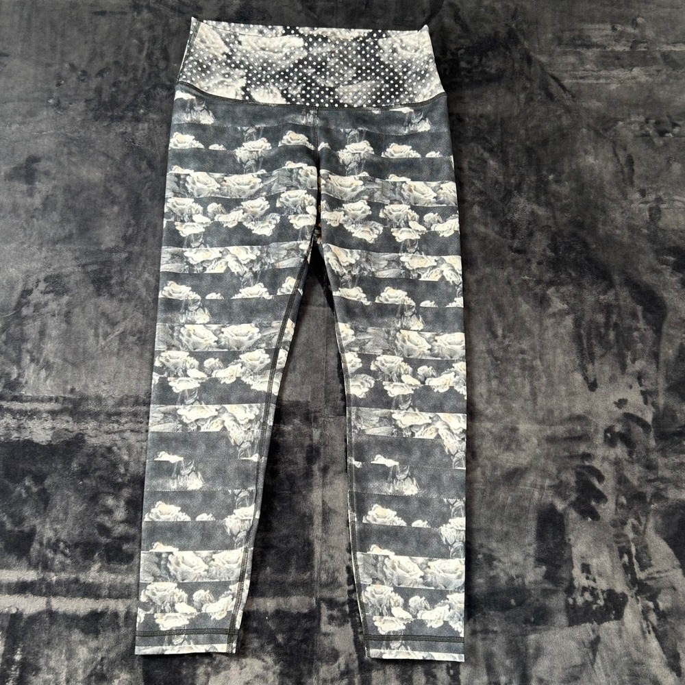 Lululemon Leggings Womens 10 Grey Floral‎ Polka Dot Mixed Print High Rise Tights